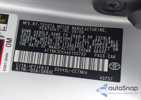 2010 Toyota Camry Le V6 z USA, uszkodzony, nr VIN 4T1BK3EK4AU105760